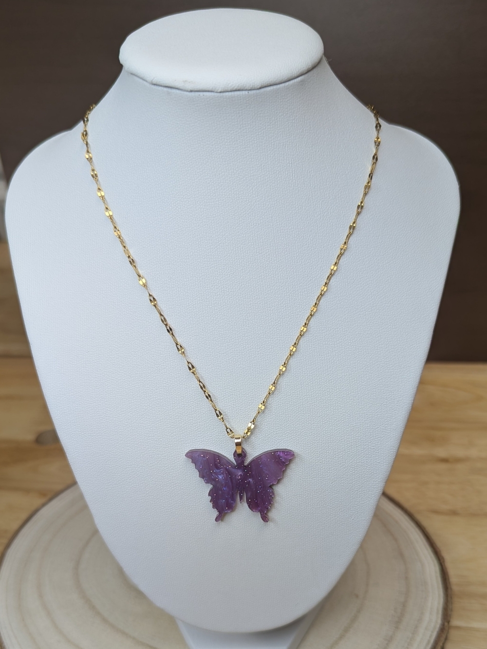 Lavender Butterfly Necklace Reversible Pendant 18K Gold Plated Chain 16" + 2" - Picture 8 of 13